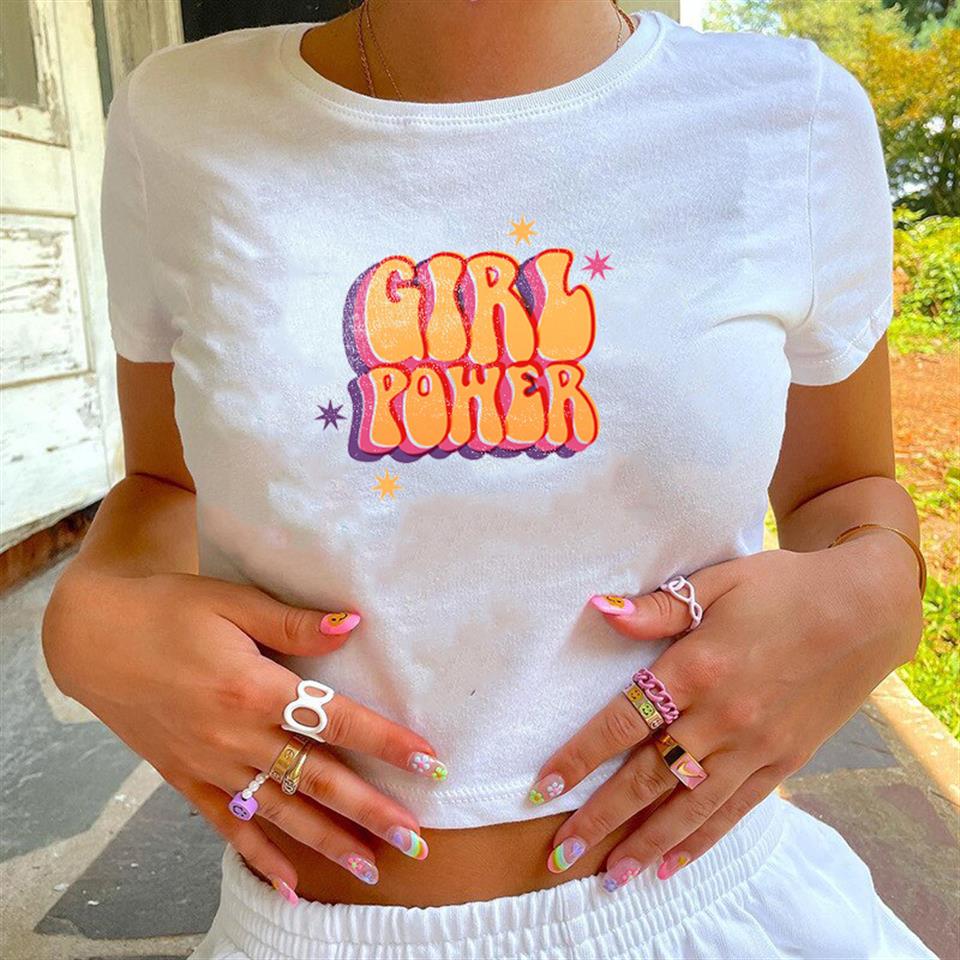 Girl Power Baskılı Beyaz Crop