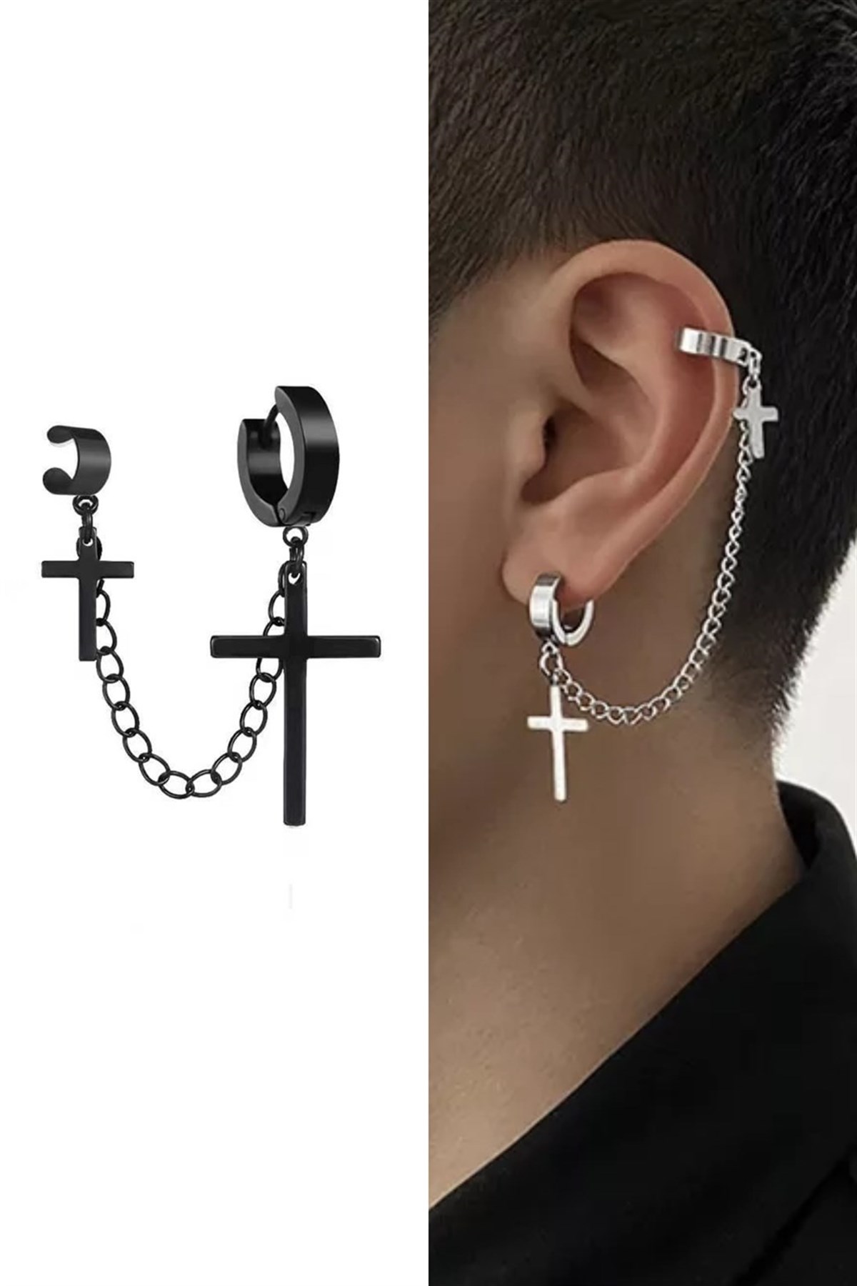 Gothic Siyah Haç Sallantılı İkili Küpe