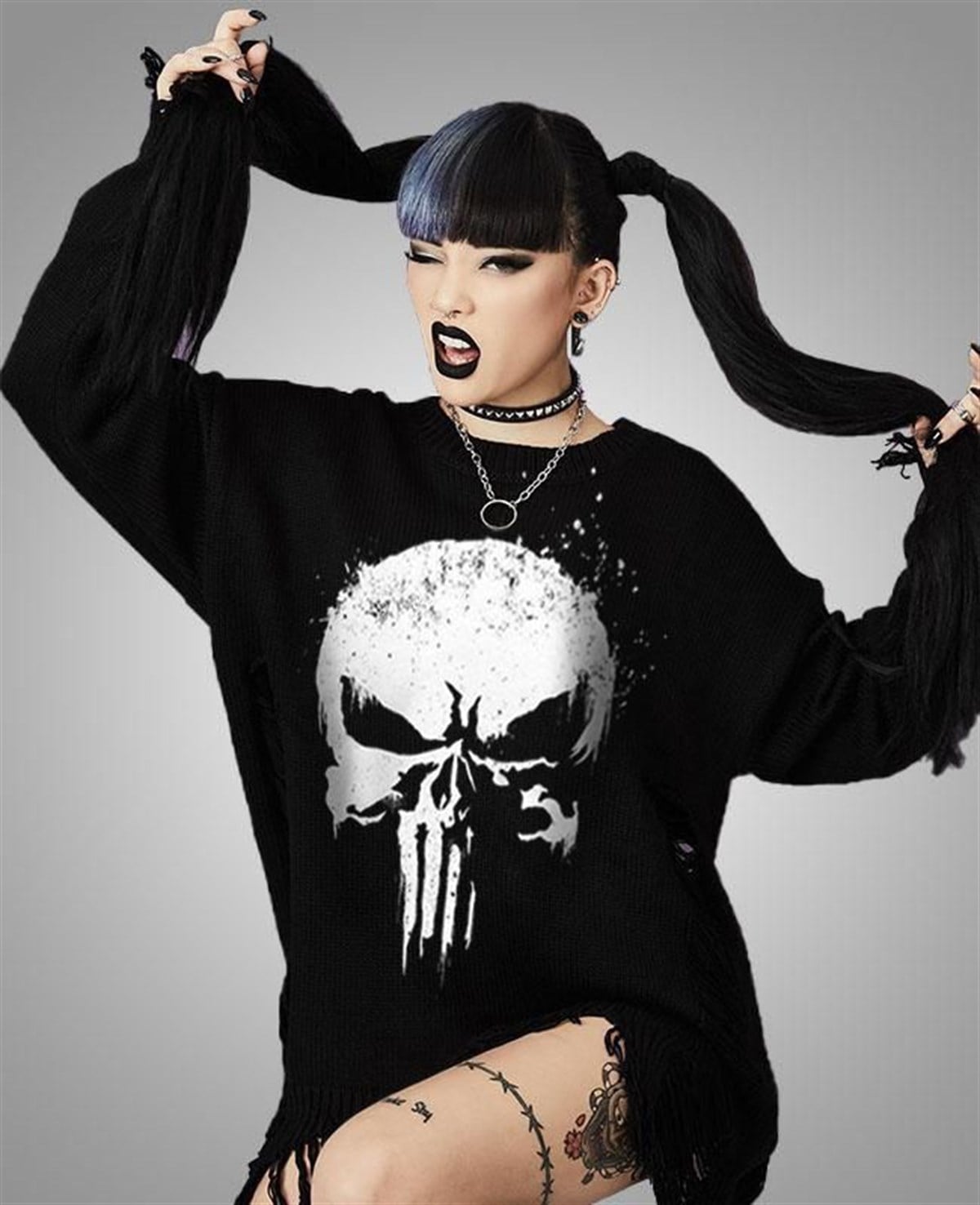 Gothic Skeleton Punisher Siyah Unisex Oversize Kazak
