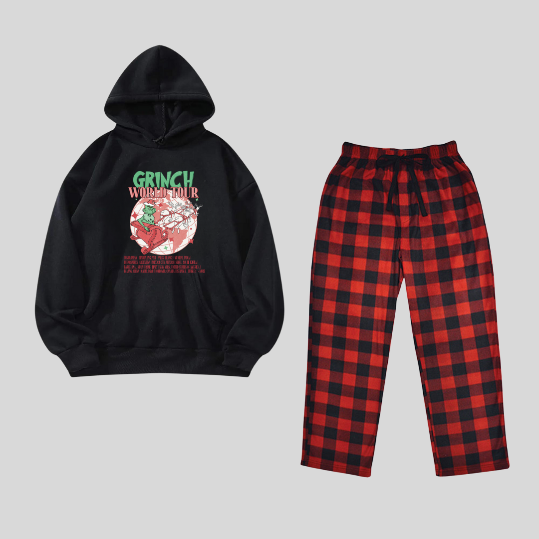 Grinch World Tour Baskılı Siyah Unisex Oversize Kapşonlu  Alt Üst 2 Li Takım