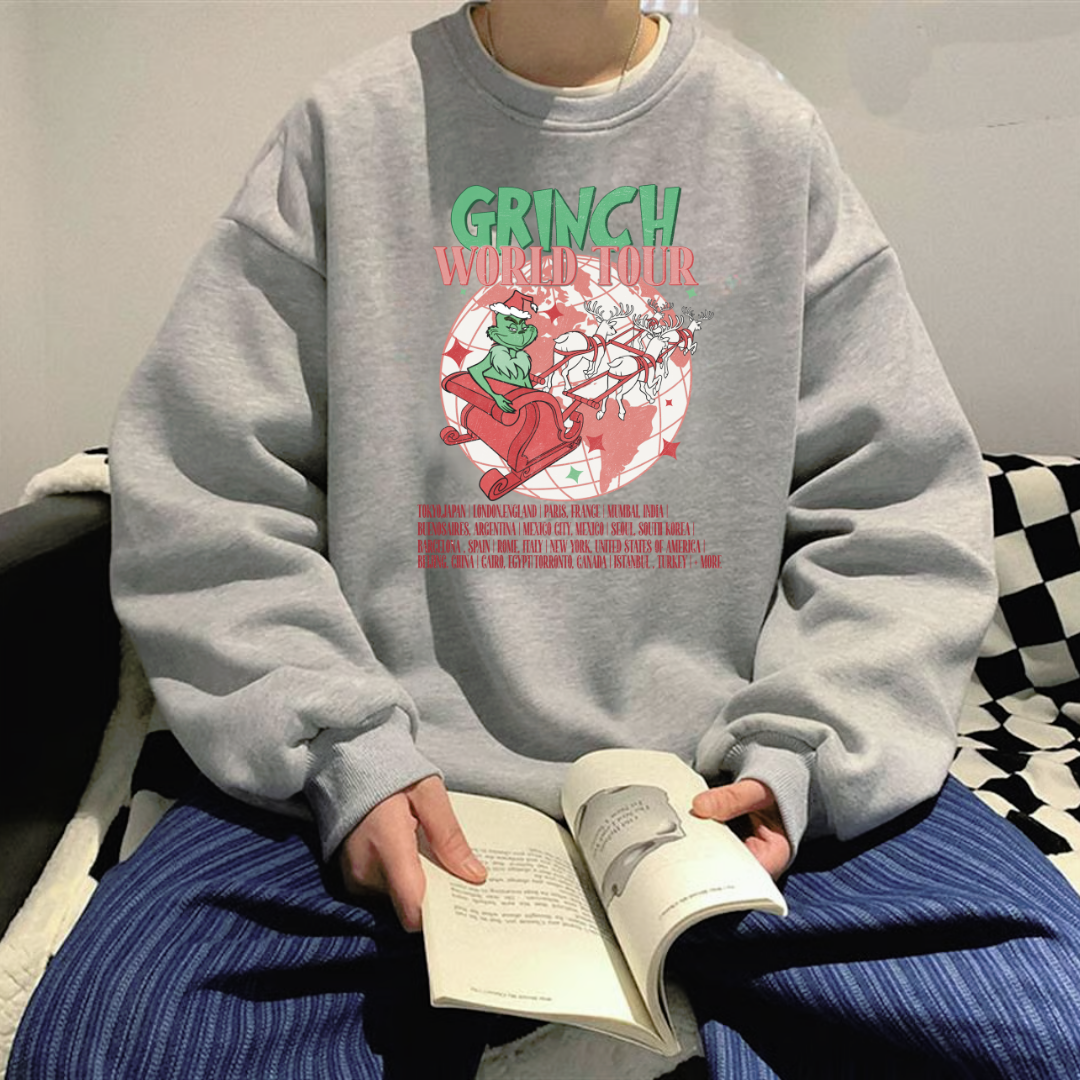 Grinch World Tour Gri Unisex Oversize Bisiklet Yaka Sweatshirt