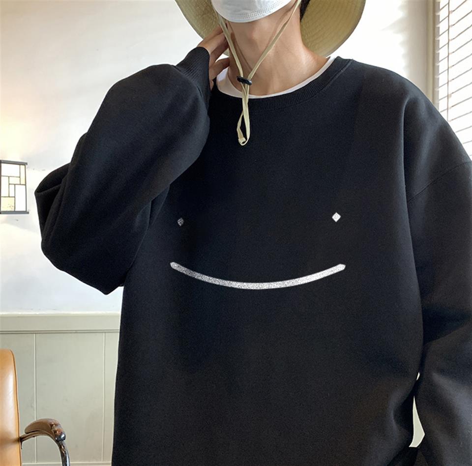 Half Smile Baskılı Siyah Unisex Oversize Bisiklet Yaka Sweatshirt