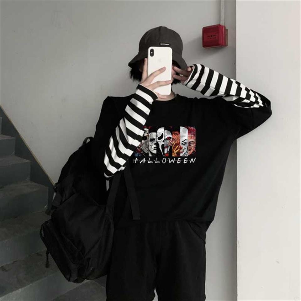 Halloween Bad Characters Baskılı Fake Sleeves Unisex Siyah T-shirt