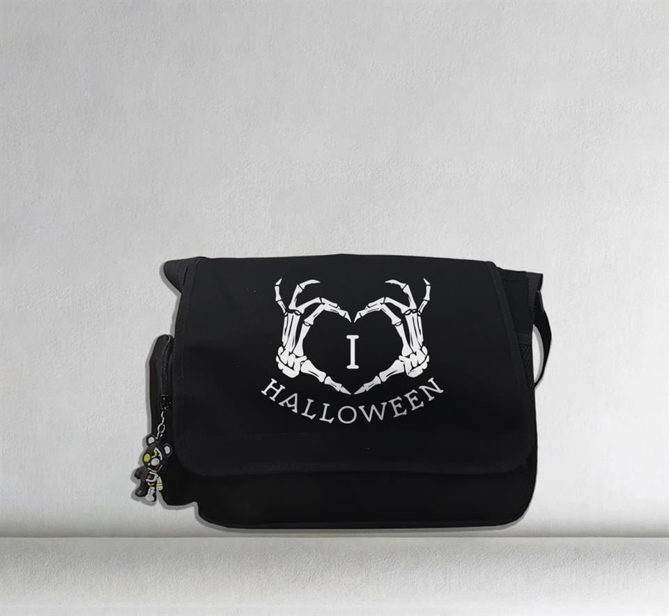 Halloween Skeleton Heart Baskılı Unisex Siyah Postacı Çantası