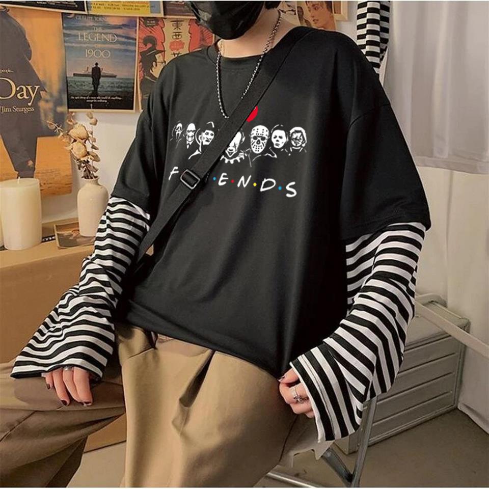 Halloween Witch Friends Baskılı Fake Sleeves Unisex Siyah T-shirt
