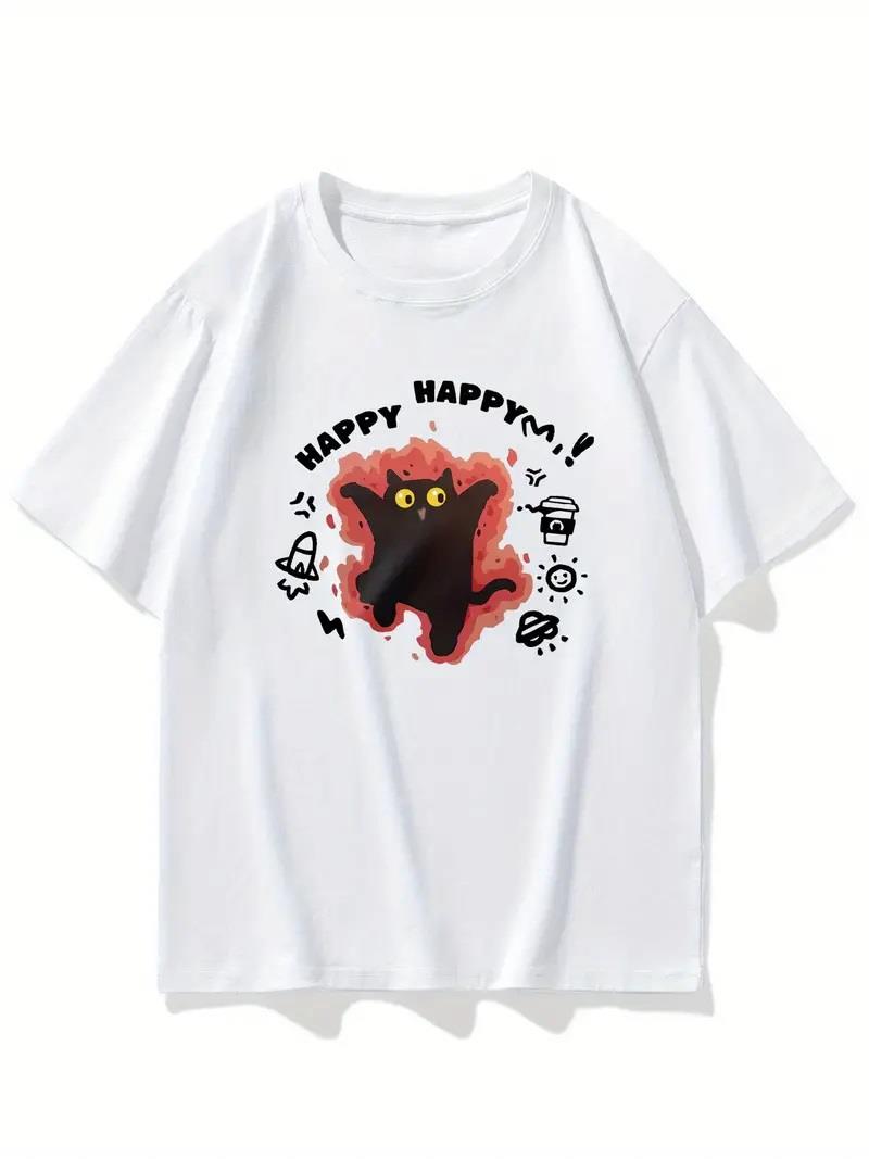 Happy Cat Baskılı Beyaz T-shirt