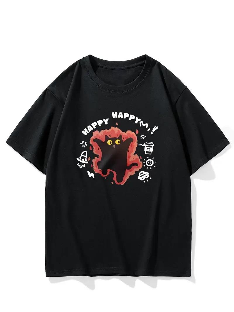 Happy Cat Baskılı Siyah T-shirt