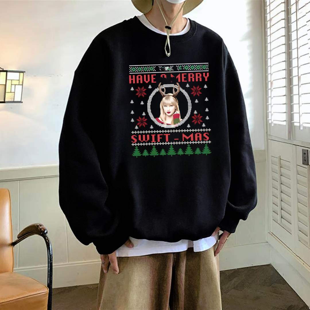 Happy Christmas Baskılı Siyah Unisex Oversize Bisiklet Yaka Sweatshirt