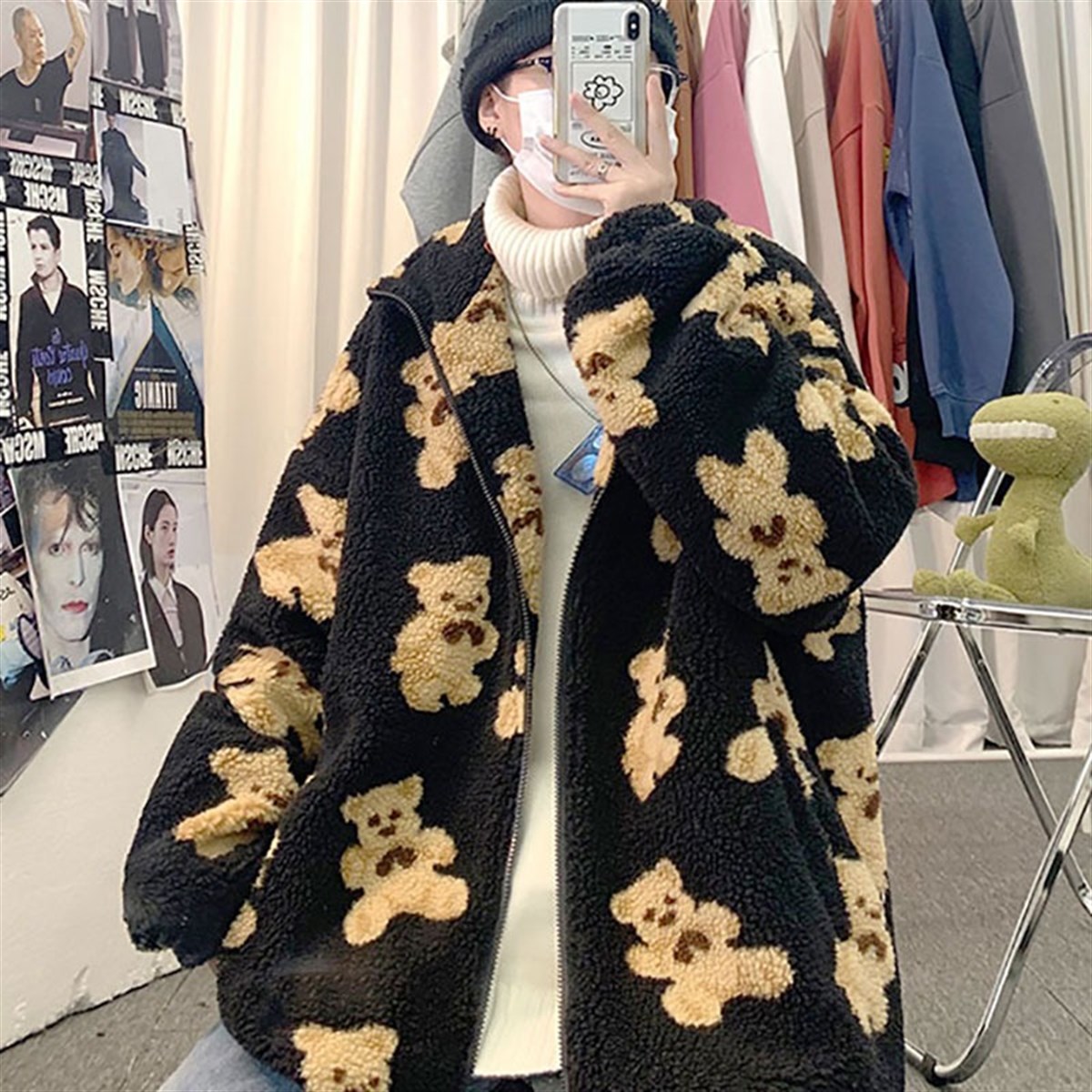 Harajuku Bear Nakış İşlemeli Unisex Peluş Fermuarlı Hırka