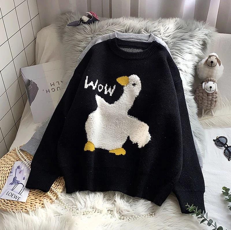 Harajuku Duck Wow Baskılı Oversize Unisex Siyah Kazak