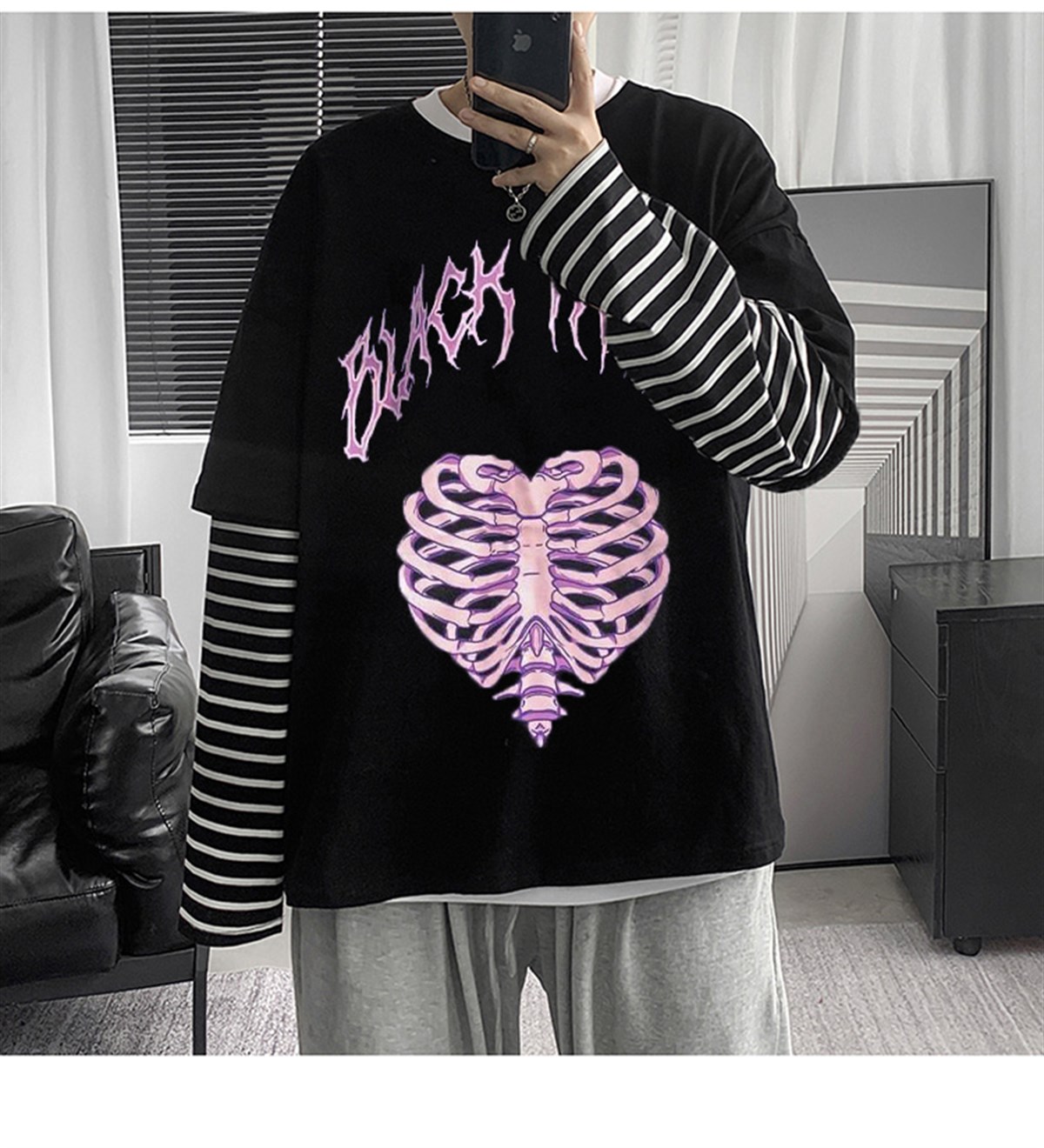 Harajuku Gothic Black Three Cage Oversize Unisex Uzun Kollu  T-shirt
