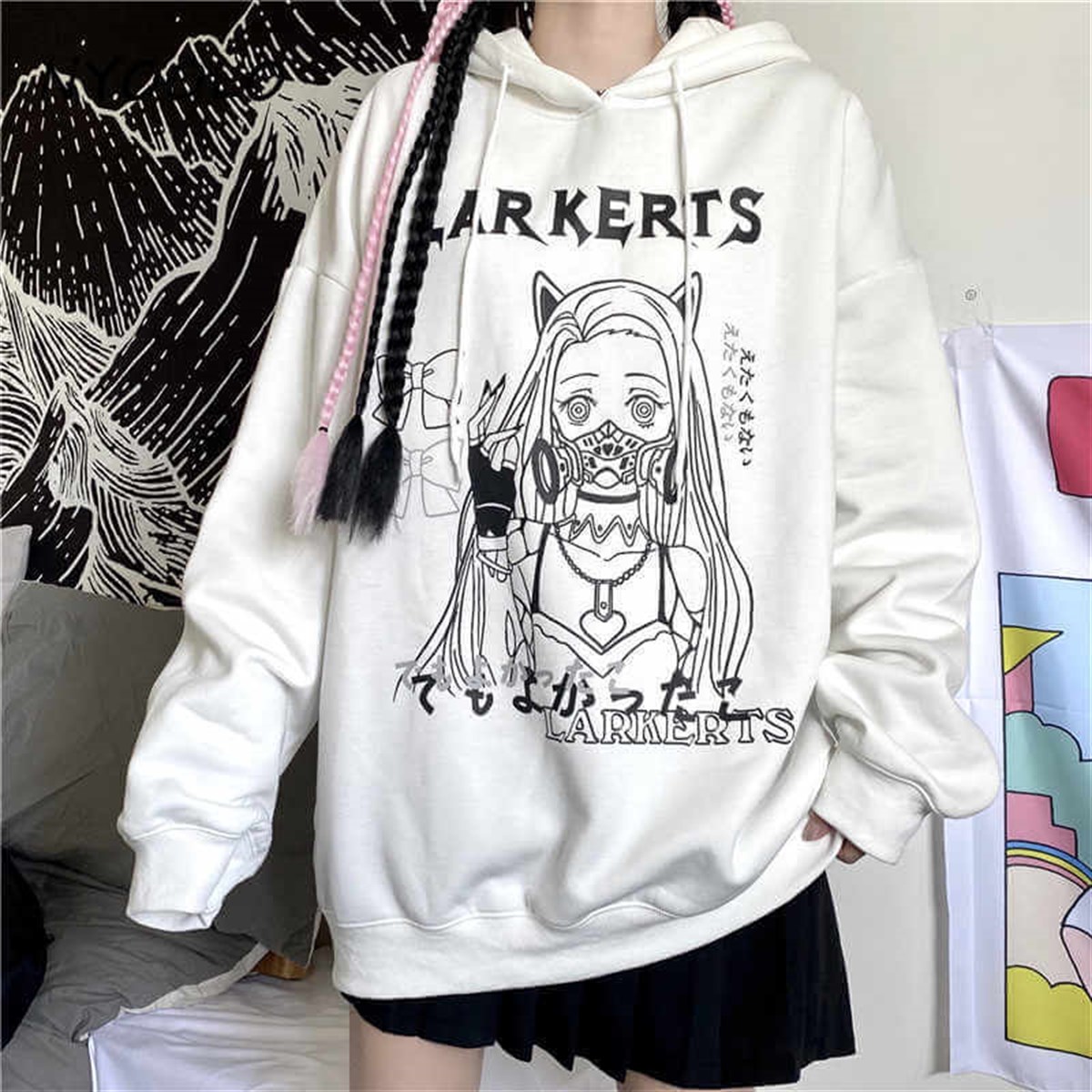 Harajuku Japanese Sweet Cool Girl Beyaz Kapşonlu Sweetshirt