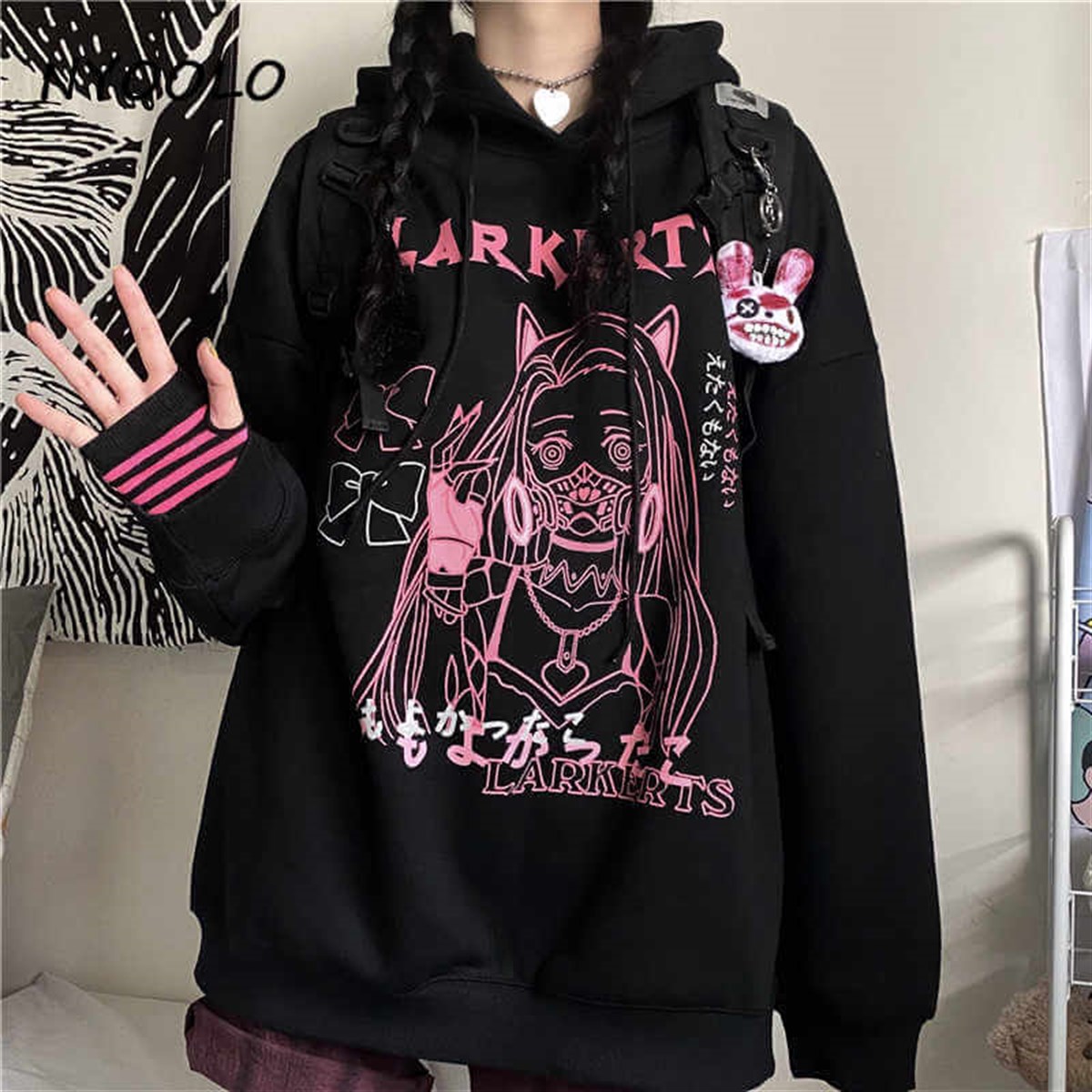 Harajuku Japanese Sweet Cool Girl Siyah Kapşonlu Sweetshirt