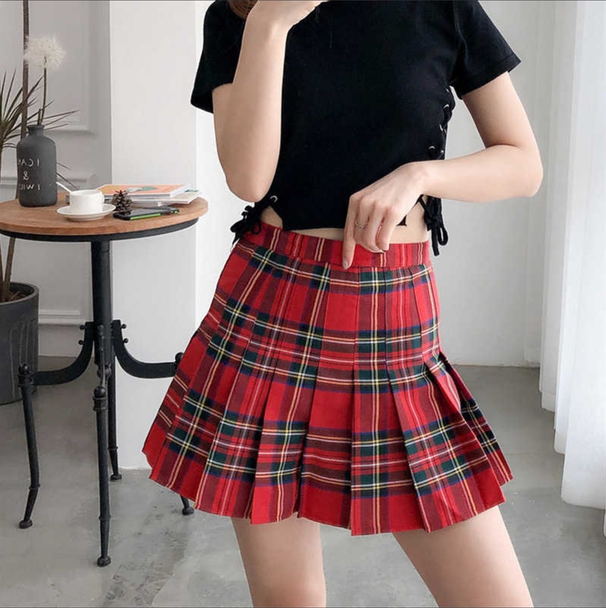 Harajuku Kırmızı Ekoseli Etek