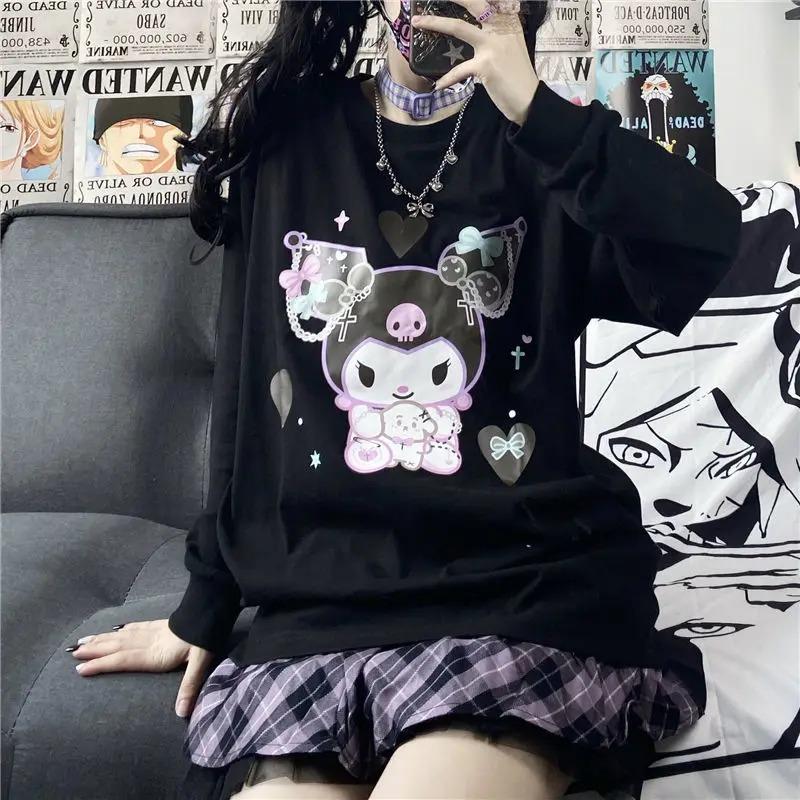 Harajuku Kuromi Baskılı Siyah Unisex Oversize Bisiklet Yaka Sweatshirt