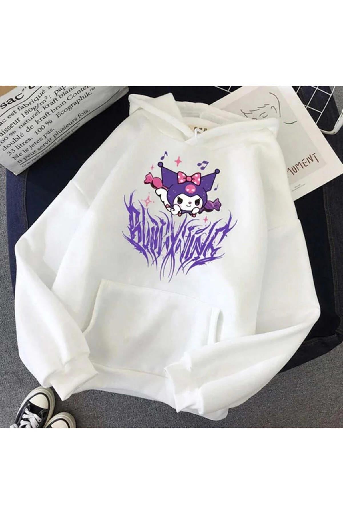 Harajuku Kuromi Oversize Unisex Beyaz Kapşonlu Hoodie