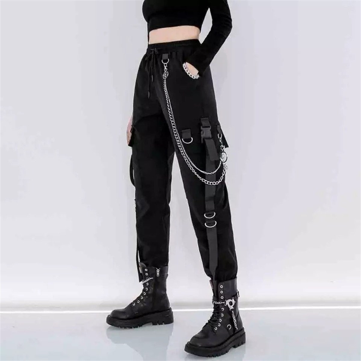 Harajuku Siyah Unisex Zincirli Jogger Kargo Eşofman