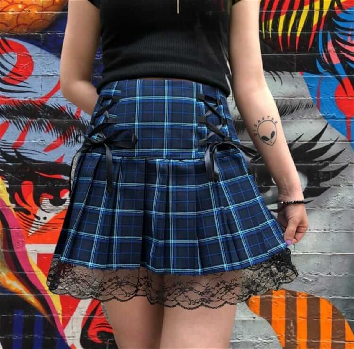 Harajuku Style Ekoseli Pileli Dantel Detaylı Mavi Etek