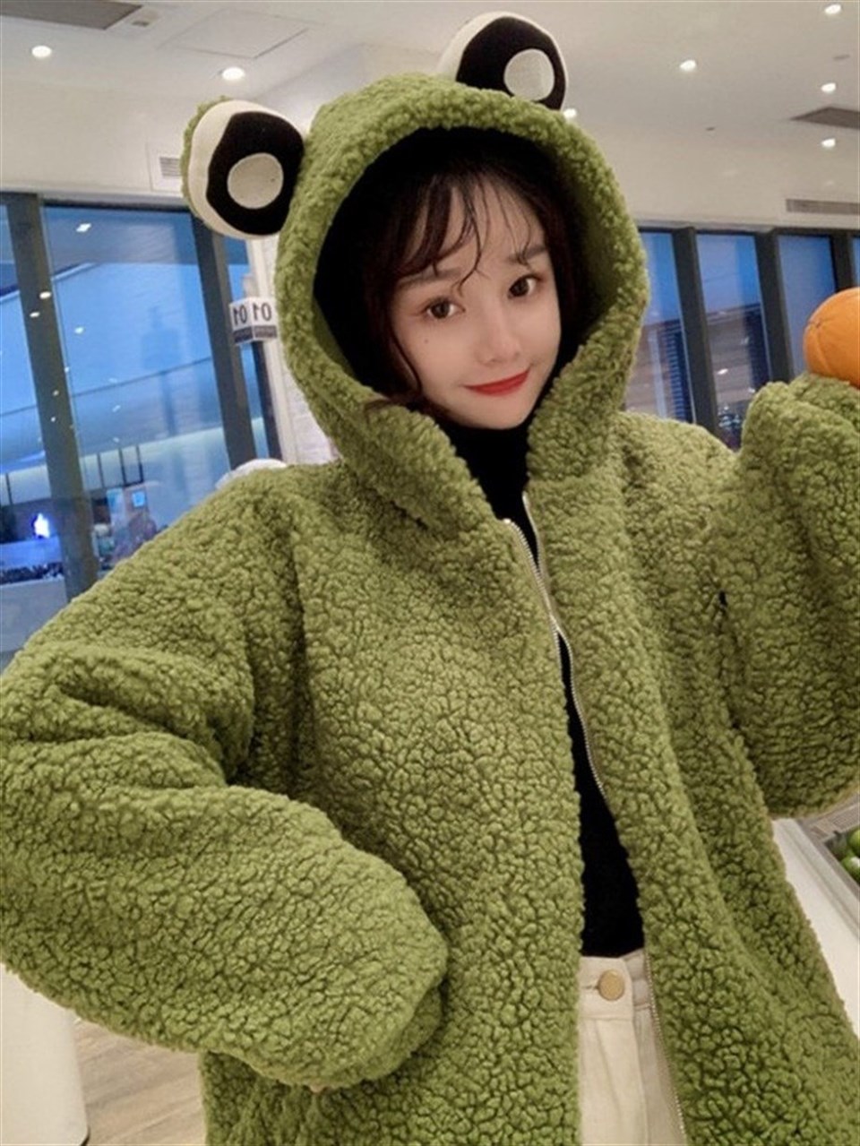 Harajuku  Yeşil Kurbağa Peluş Oversize Hırka