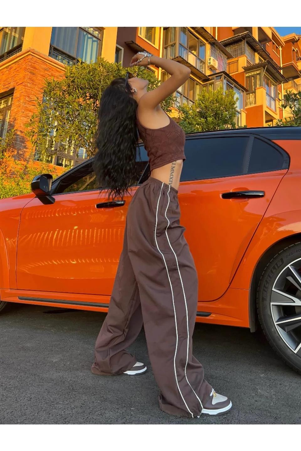 Harajuku Zip Detail Çift Çizgili Brown Tracksuit Oversize Kahverengi Eşofman Altı