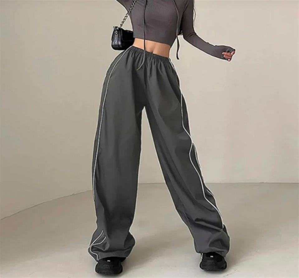 Harajuku Zip Detail Çift Çizgili Grey Tracksuit Oversize Gri Eşofman Altı