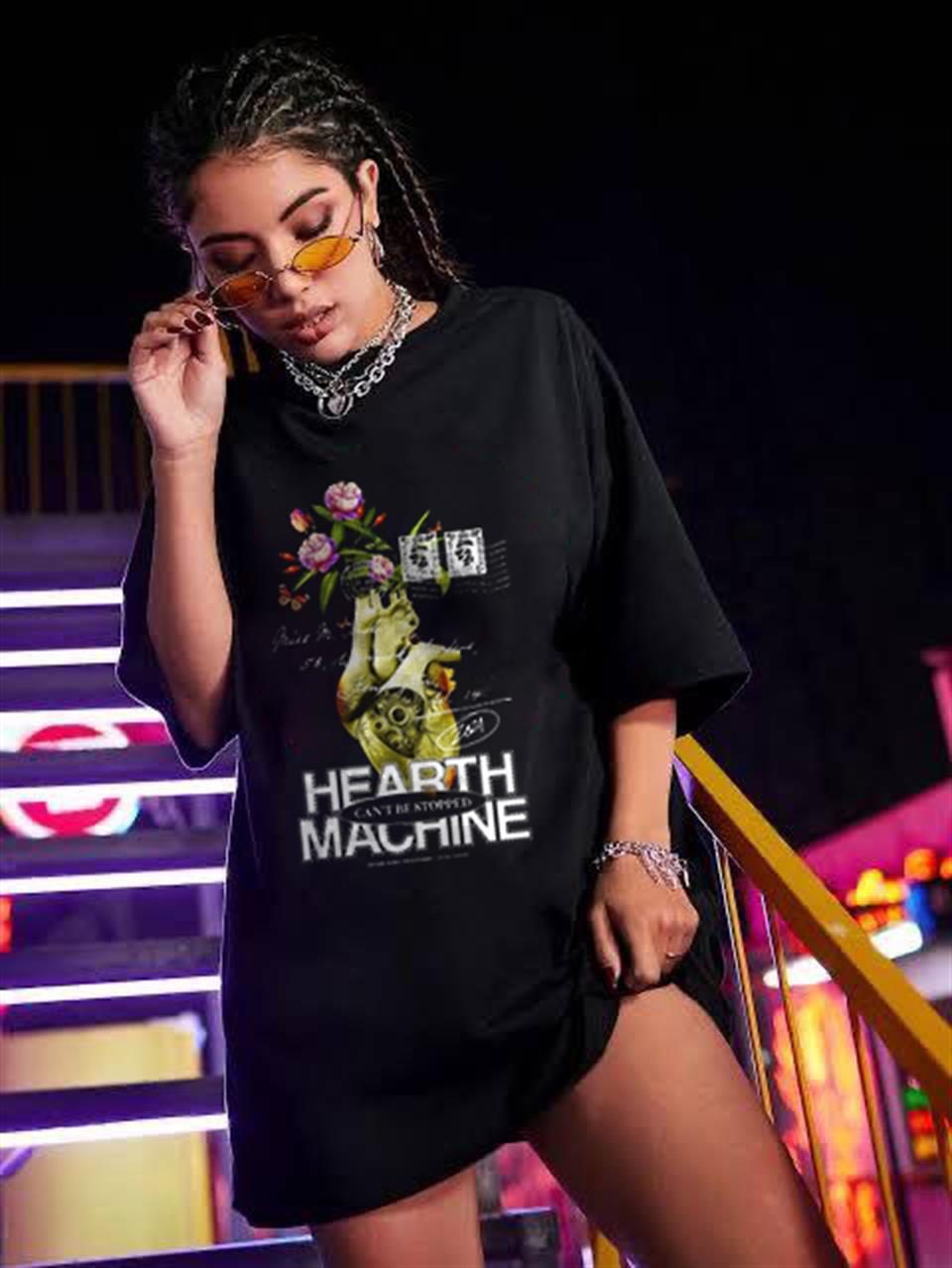 Heart Machine Baskılı Siyah Unisex Oversize T-shirt
