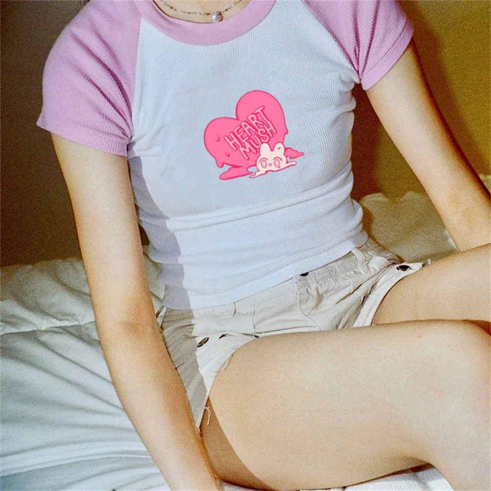 Heart Mush Baskılı Pembe Reglan Kol Beyaz Crop