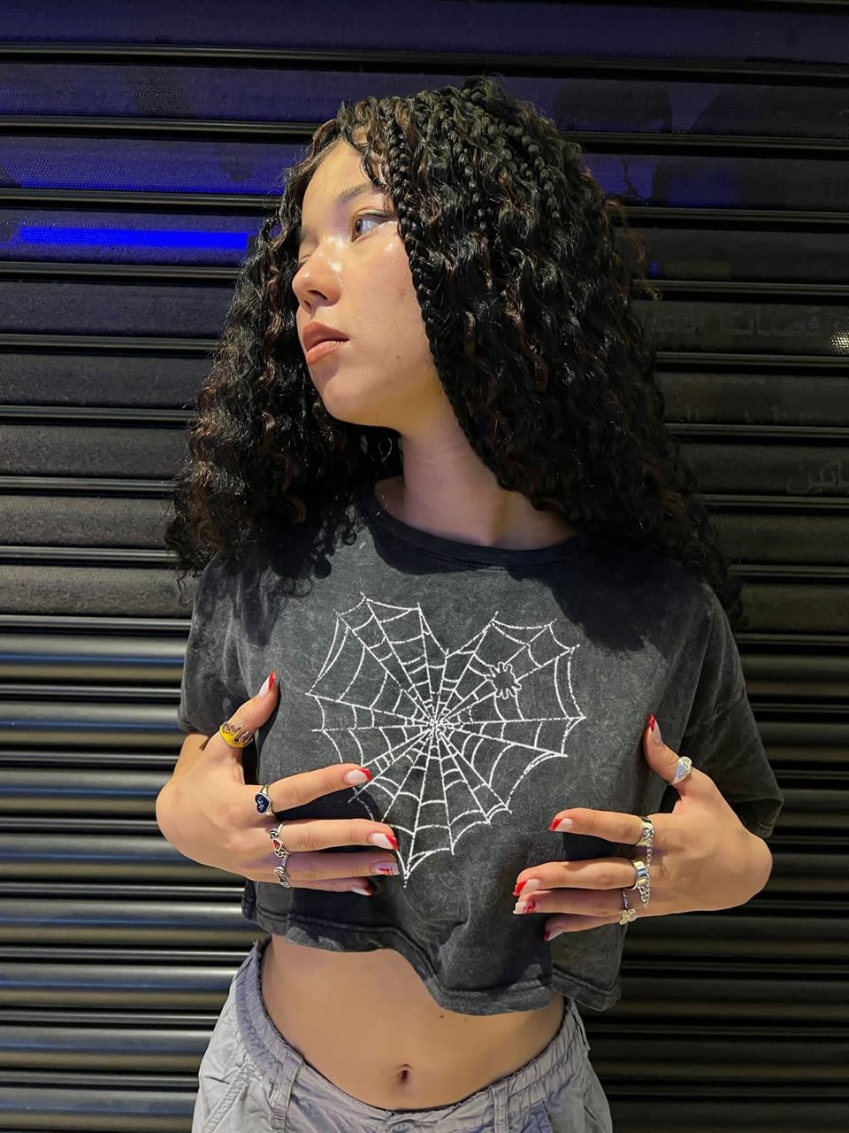 Heart Web Baskılı Vintage Yıkamalı Oversize Crop