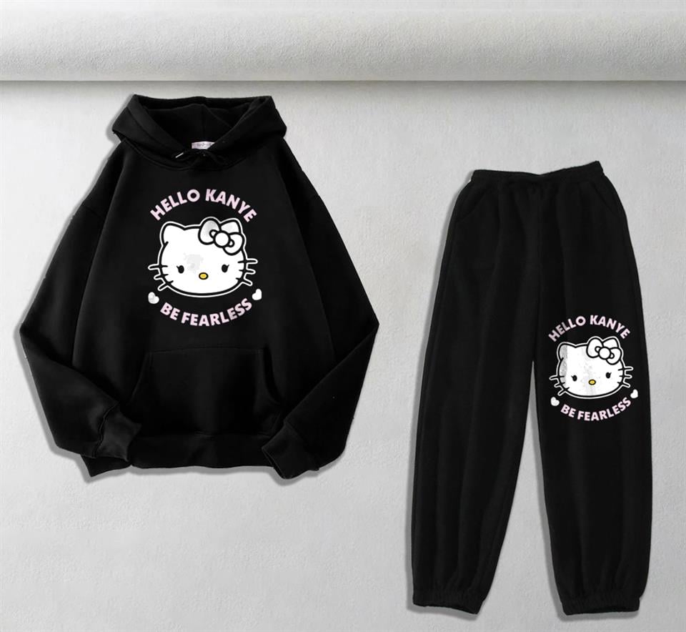 Hello Kanye Be Fearless Baskılı Siyah Oversize Kapüşonlu Sweatshirt & Eşofman Altı Unisex İkili Takım