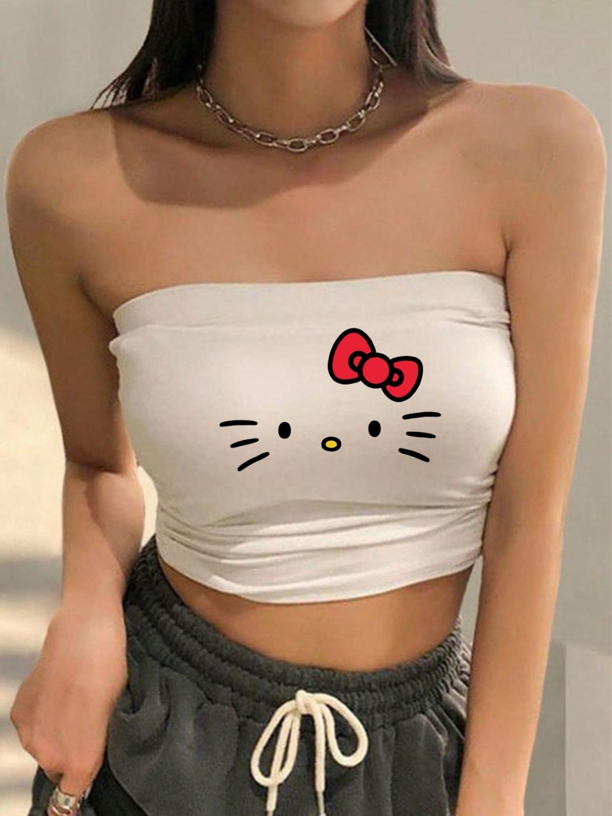 Hello Kitty Baskılı Likralı Pamuklu Penye Straplez 