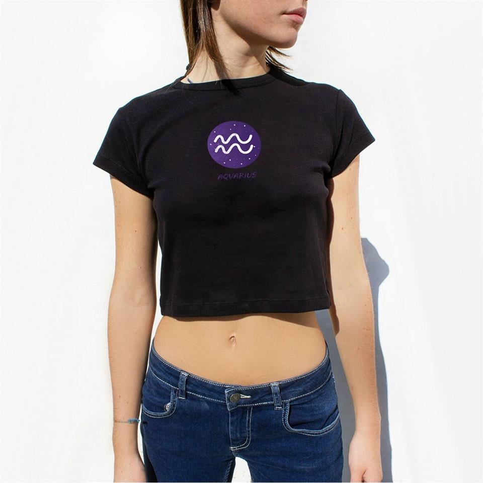 Horoscope Series Aquarius Baskılı Siyah Crop