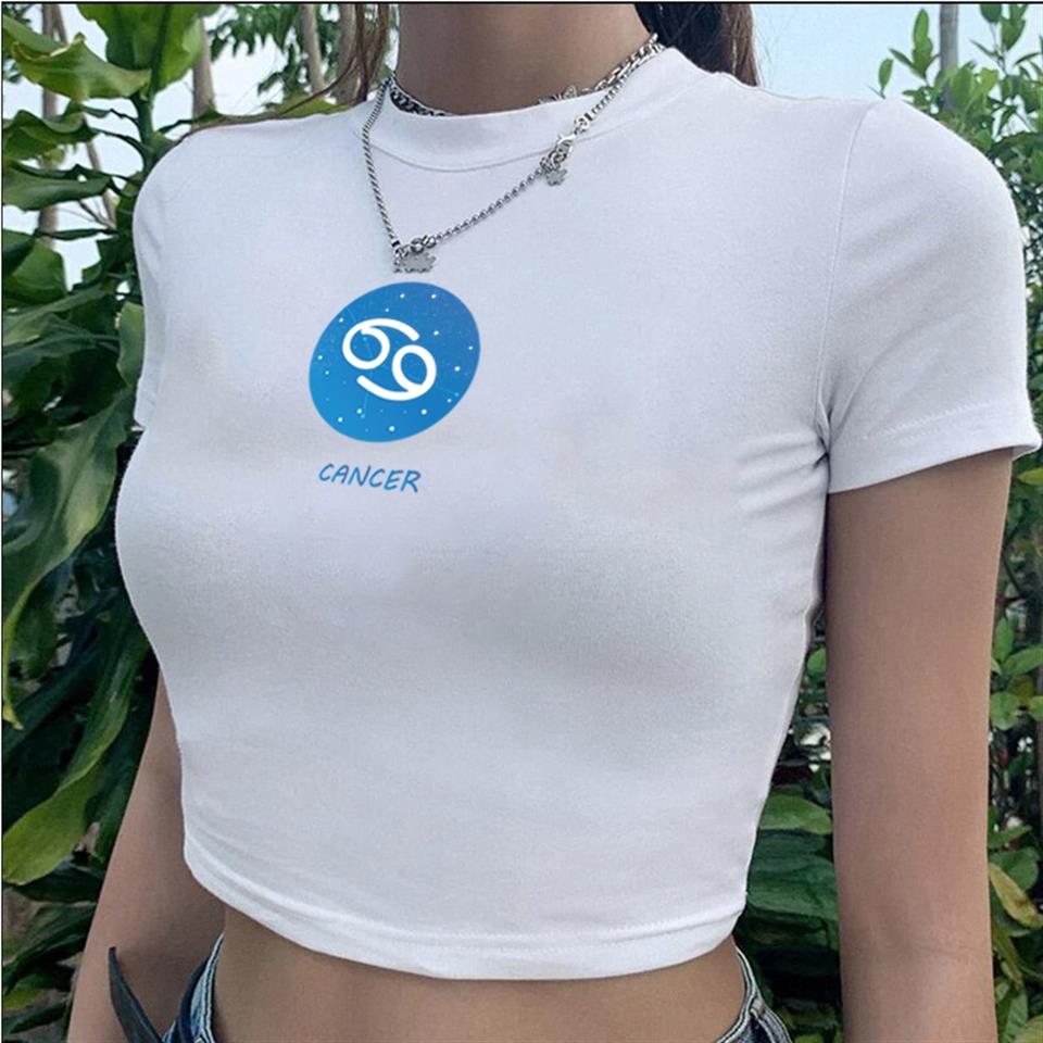 Horoscope Series Cancer Baskılı Beyaz Crop