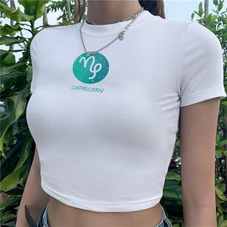 Horoscope Series Capricorn Baskılı Beyaz Crop