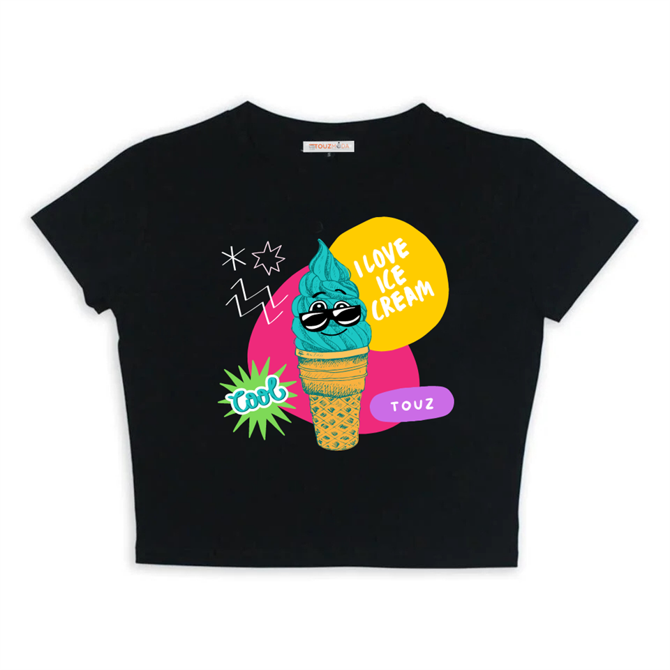 I Love Icrecream Baskılı Siyah Crop