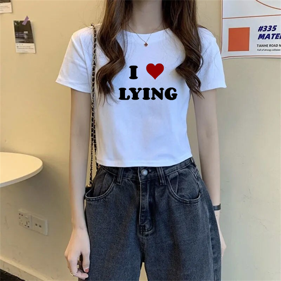I Love Lying Baskılı Beyaz Crop