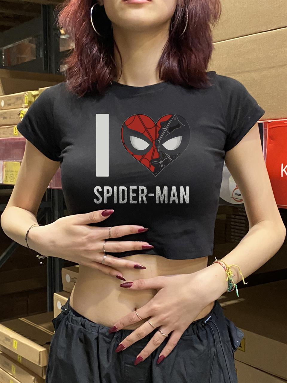 I Love Spider-Man Baskılı Ters Dikiş Siyah Crop
