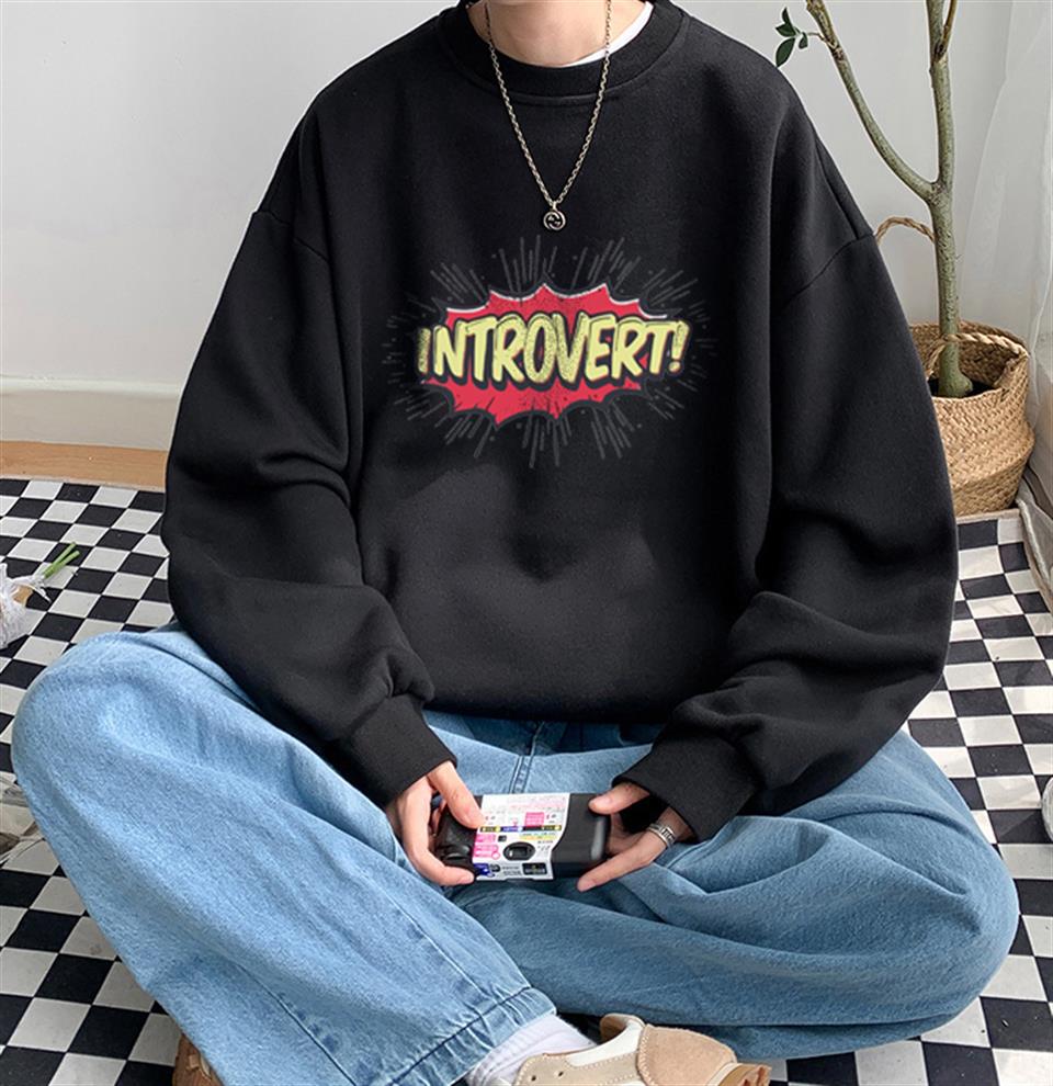 Introvert Baskılı Siyah Unisex Oversize Bisiklet Yaka Sweatshirt