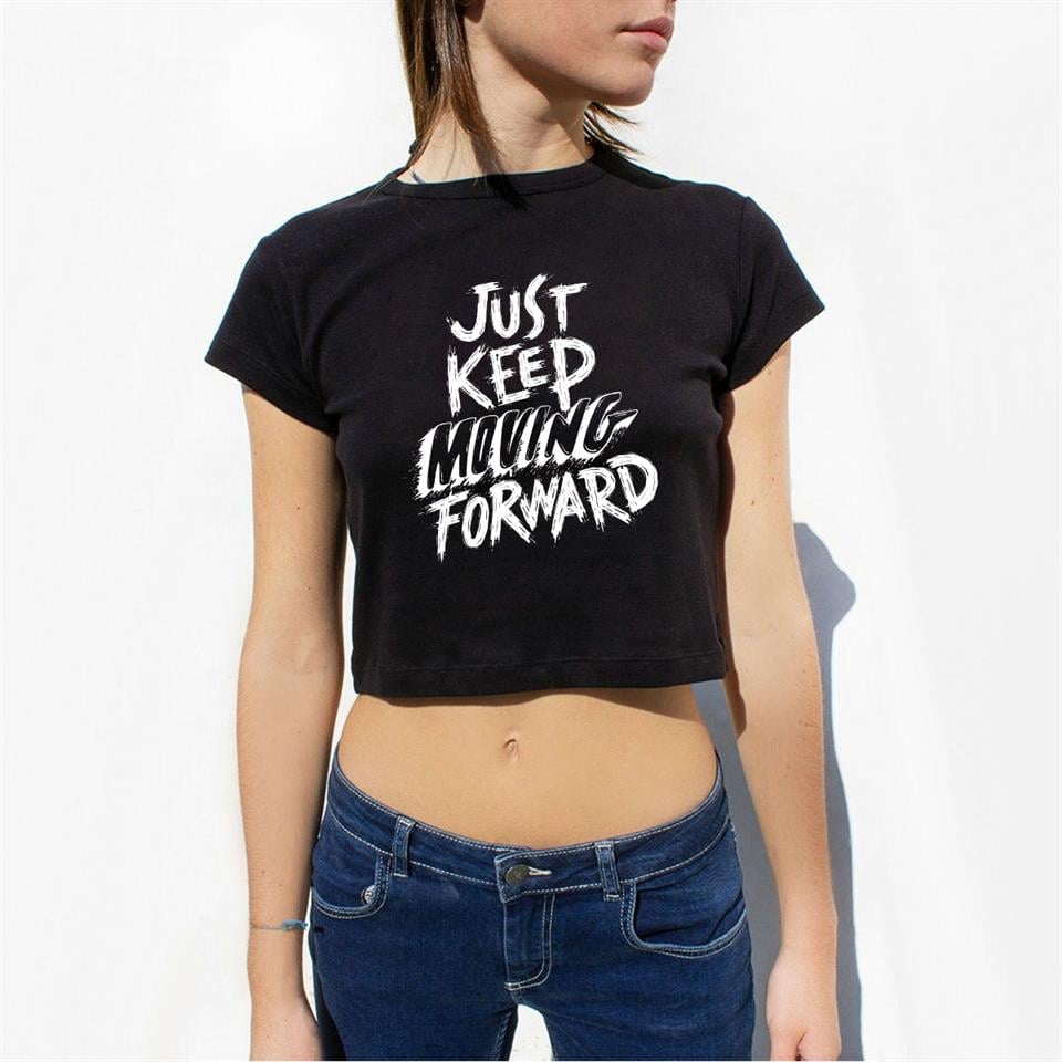 'Just Keep' Baskılı Siyah Crop