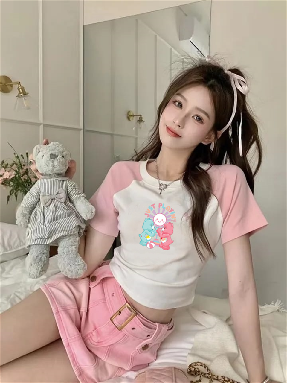 Just Play In Pembe Reglan Kol Beyaz Crop