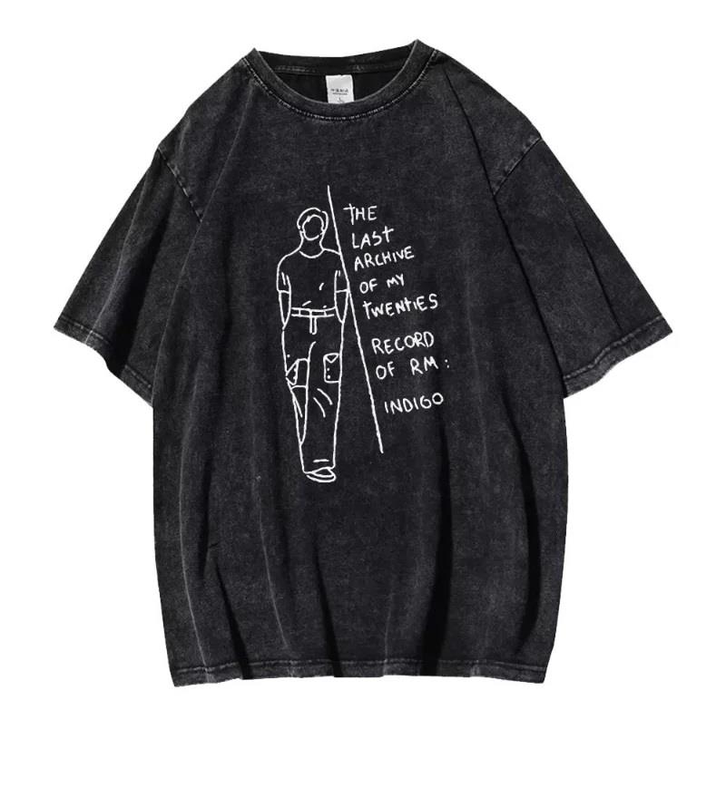 K-Pop Yıkamalı BTS RM INDIGO Distressed Oversize Vintage T-shirt