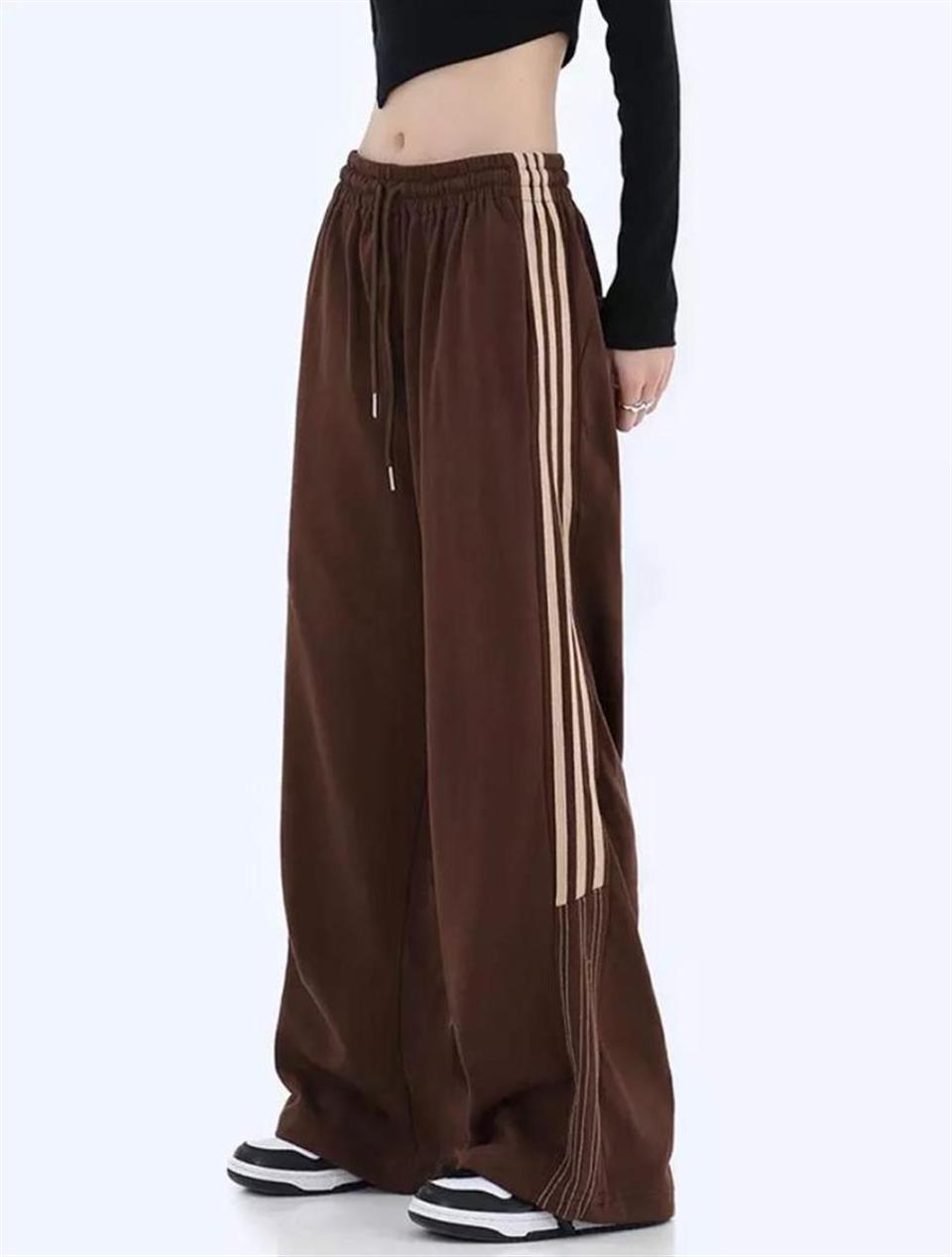 Kahverengi Three Lines Detail Wide Leg Tracksuit