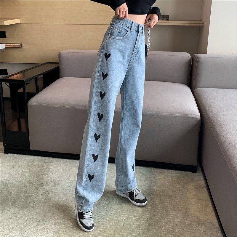 Kalp Naskış İşlemeli Streetwear Baggy Mavi Pantolon