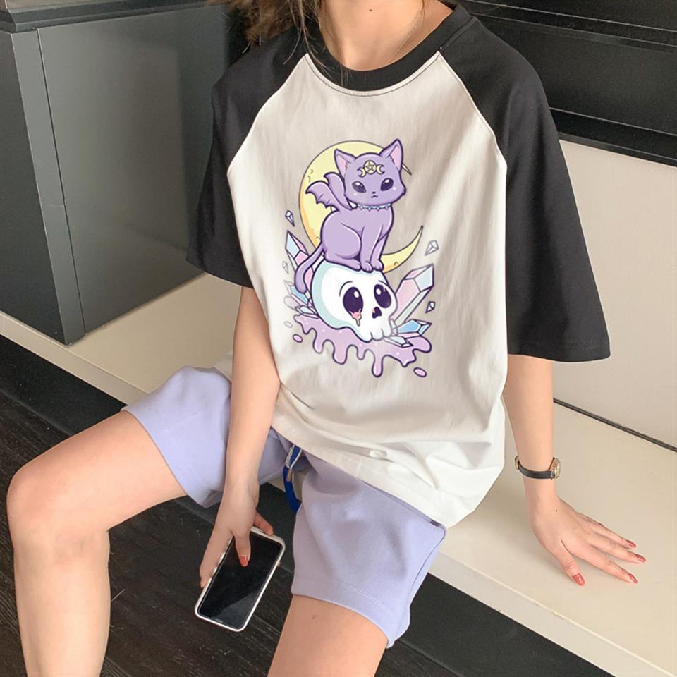 Kawaii Creepy Cat & Skull Baskılı Reglan Kol Beyaz Unisex Oversize T-shirt