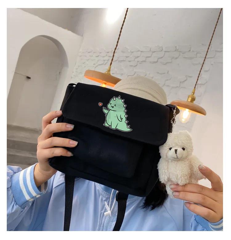 Kawaii Dinosaur Baskılı Cep Detaylı Unisex Kanvas Siyah Omuz Çantası