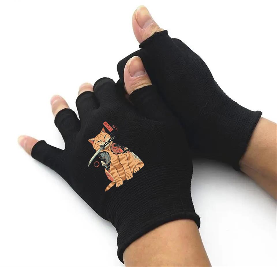 Killer Cat Baskılı Unisex Siyah Kesik Çift Eldiven