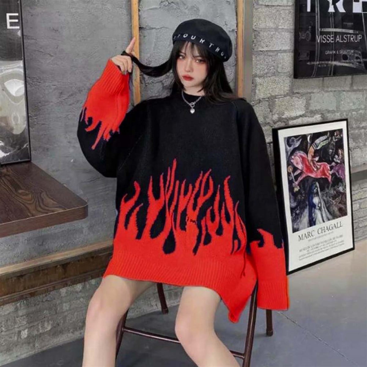 Kırmızı Flame Siyah Unisex Oversize Kazak