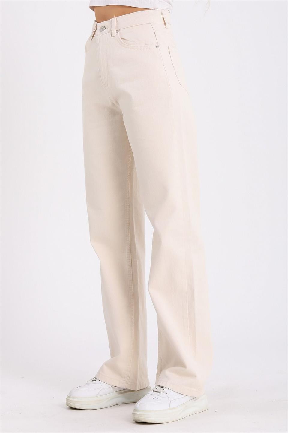 Krem Bol Paça Jean Palazzo Wide Leg Kot Pantolon