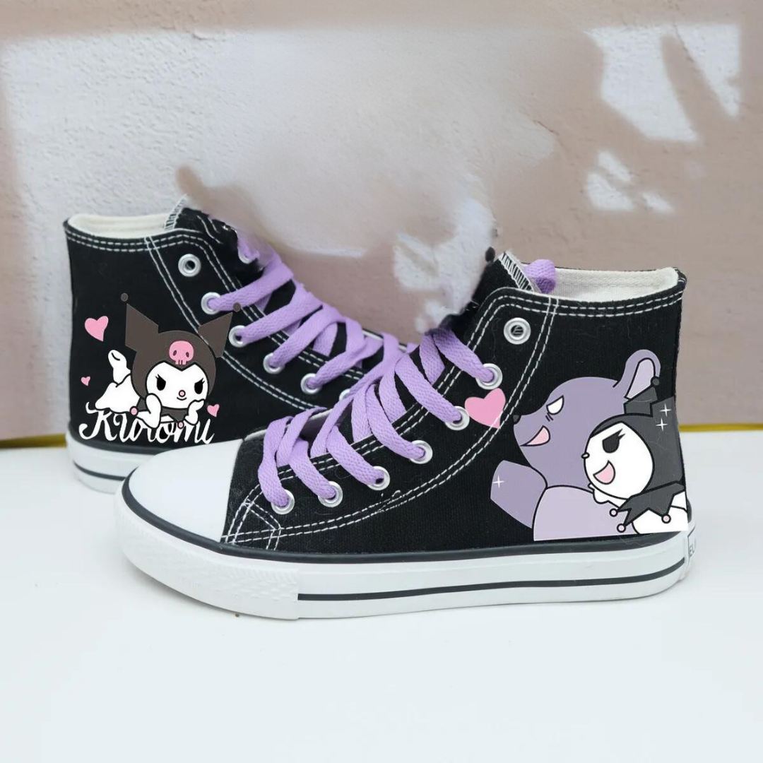Kuromi Baskılı Pembe Bağcık Siyah Unisex Kanvas Ayakkabı