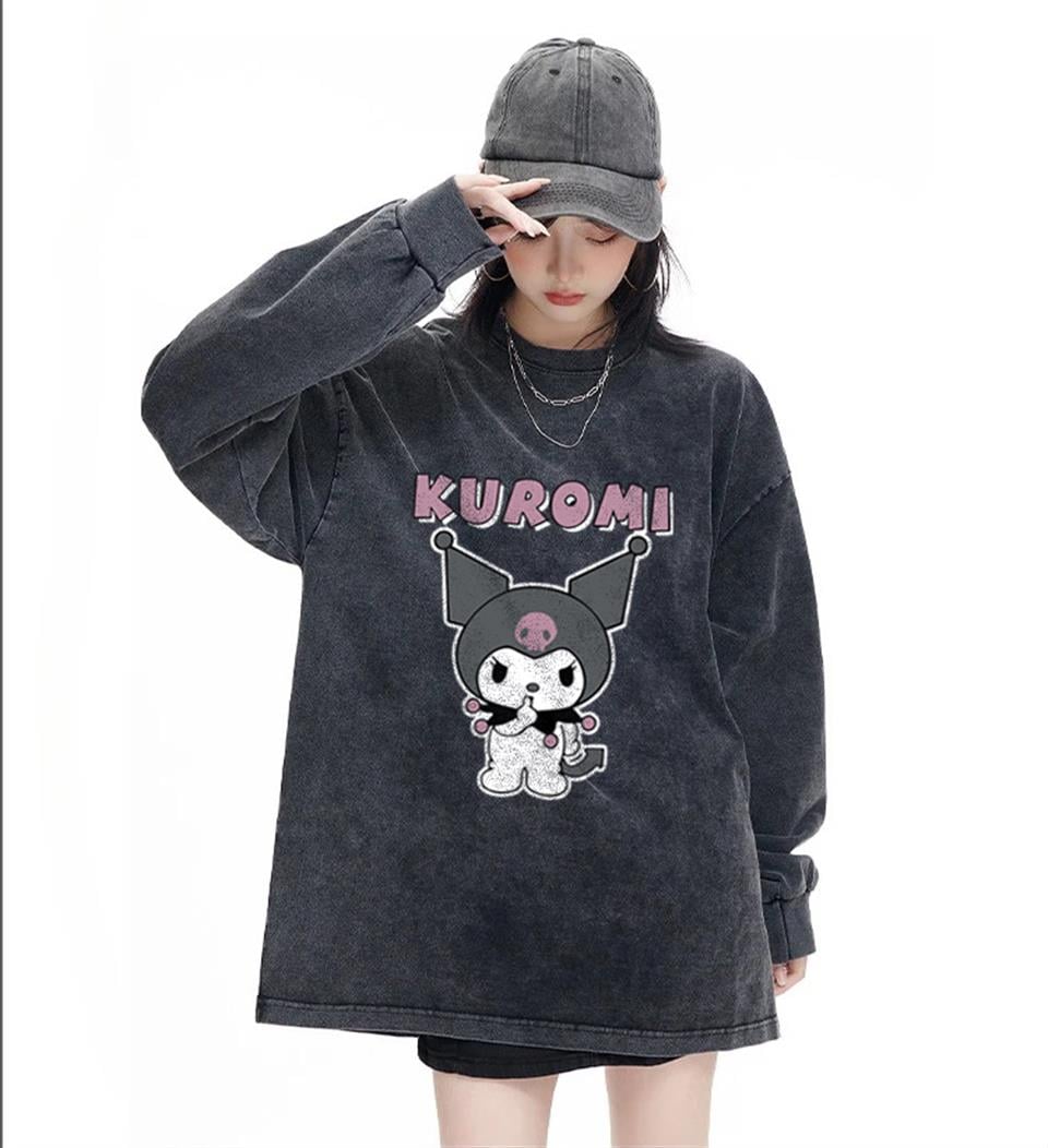 Kuromi Be Quiet Baskılı Yıkamalı Vintage Unisex Oversize Bisiklet Yaka Sweatshirt