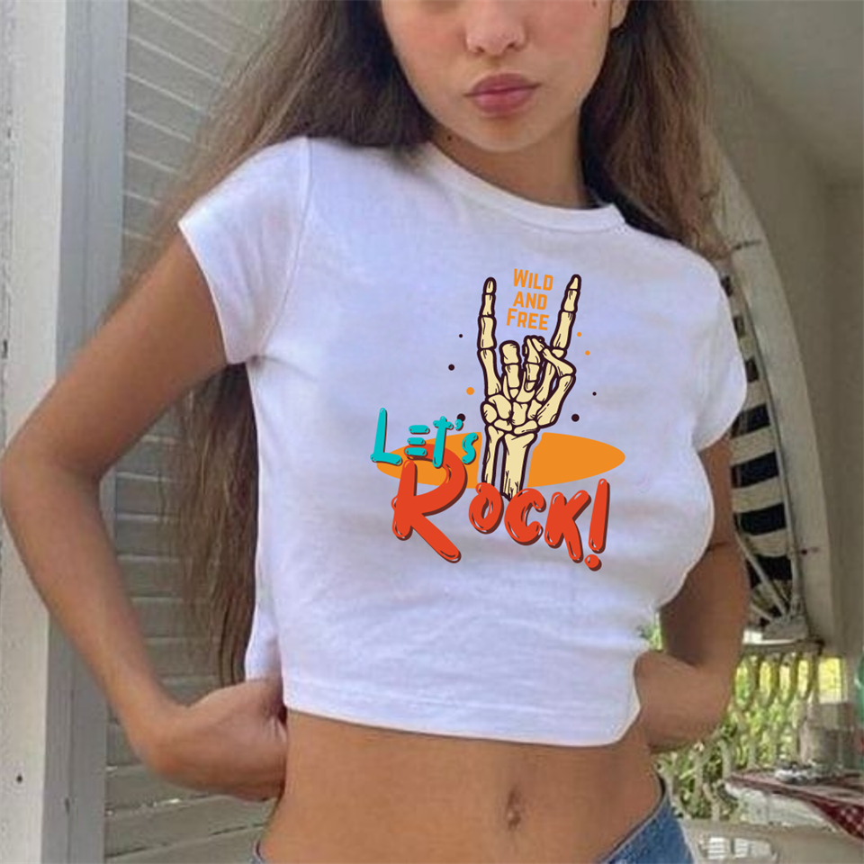 Lets's Rock Baskılı Beyaz Crop